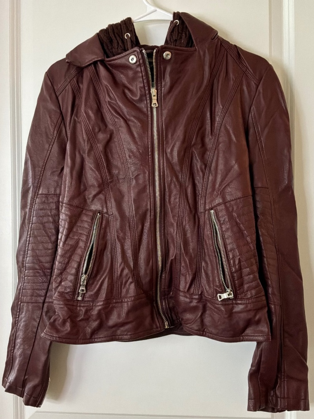 Guess women’s Burgundy faux leather moto jacket
